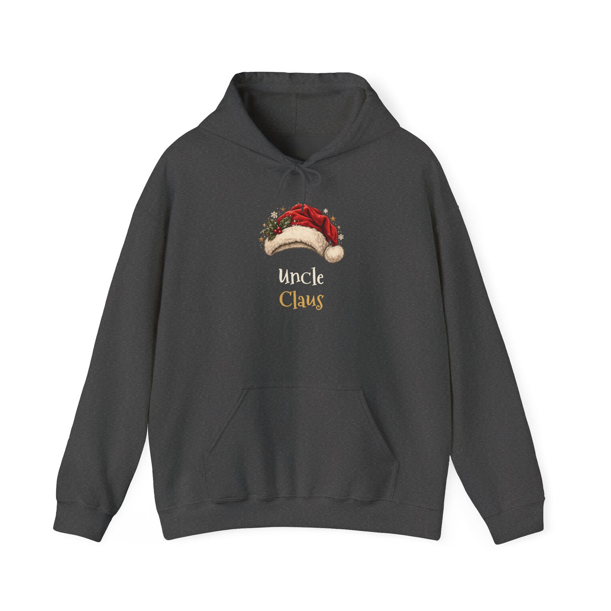 Dark Heather Uncle Claus hoodie with a red Santa hat and holly, front view