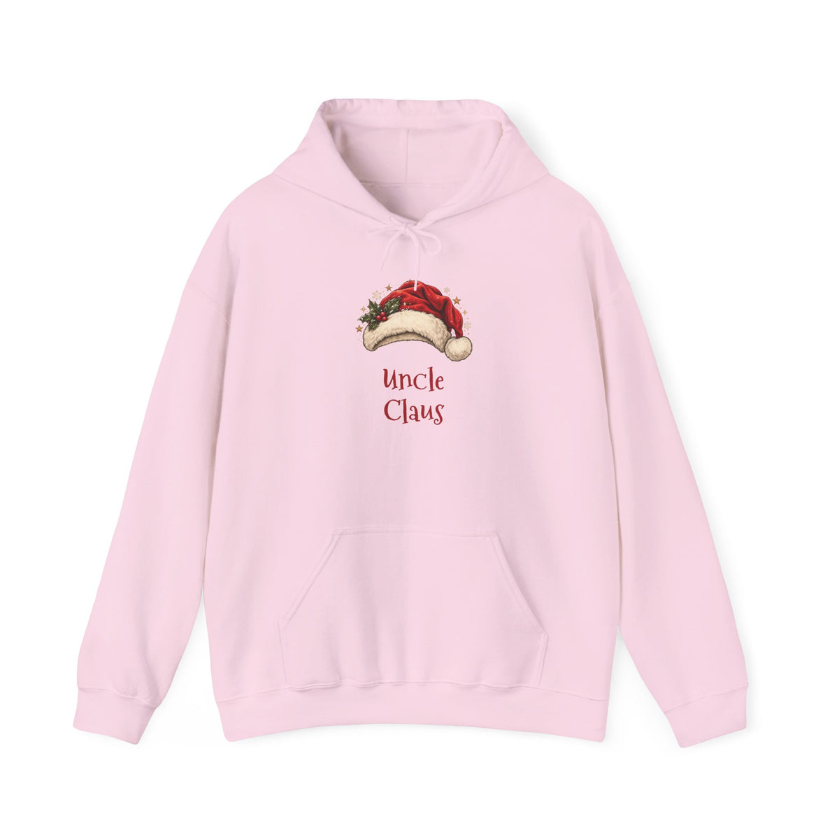 Light Pink Uncle Claus hoodie with a red Santa hat and holly, front view
