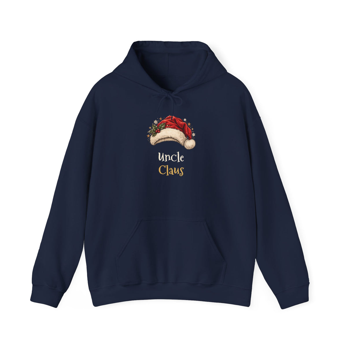 Navy Uncle Claus hoodie with a red Santa hat and holly, front view