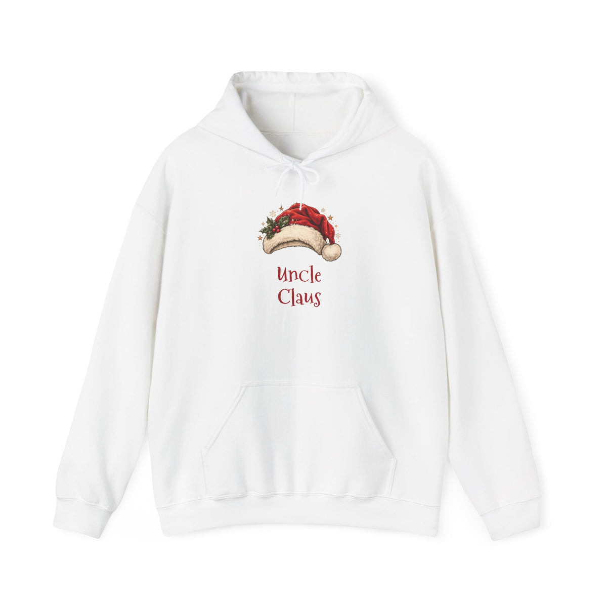 White Uncle Claus hoodie with a red Santa hat and holly, front view