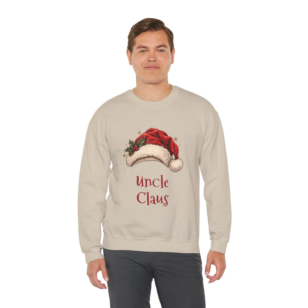 Man wearing the Uncle Claus Sweatshirt, front view