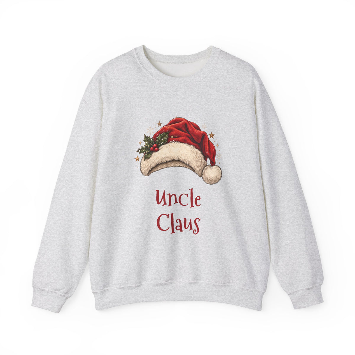 Ash Uncle Claus sweatshirt with a red Santa hat and holly, front view