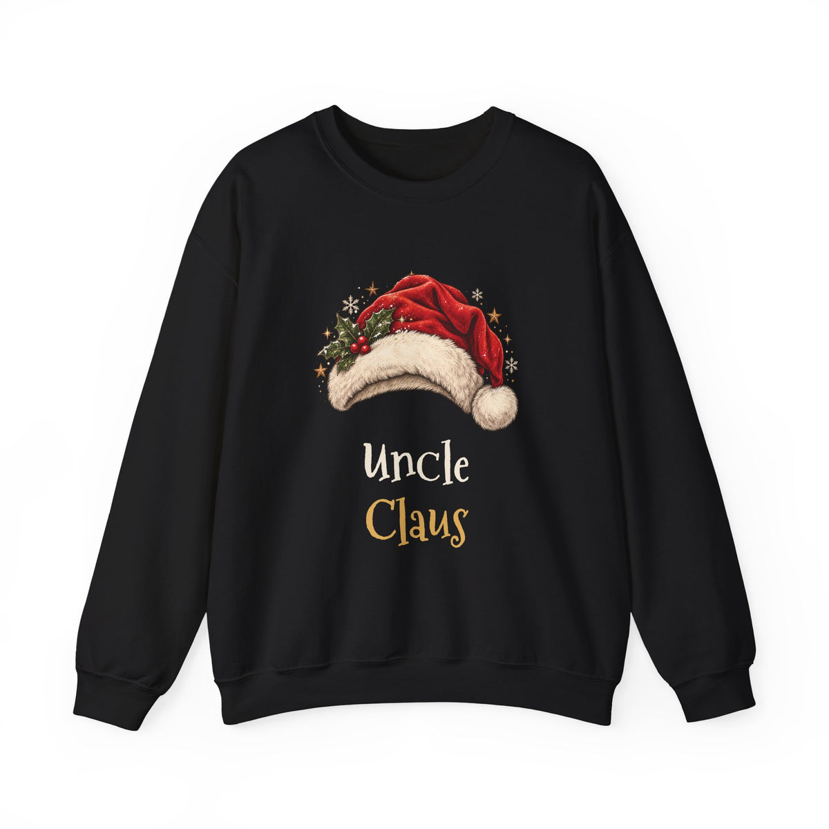 Black Uncle Claus sweatshirt with a red Santa hat and holly, front view