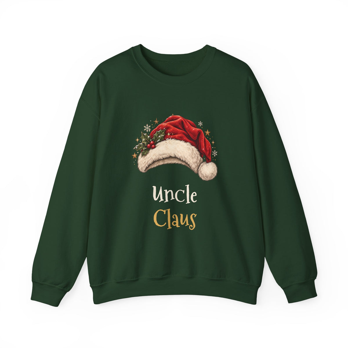 Forest Green Uncle Claus sweatshirt with a red Santa hat and holly, front view
