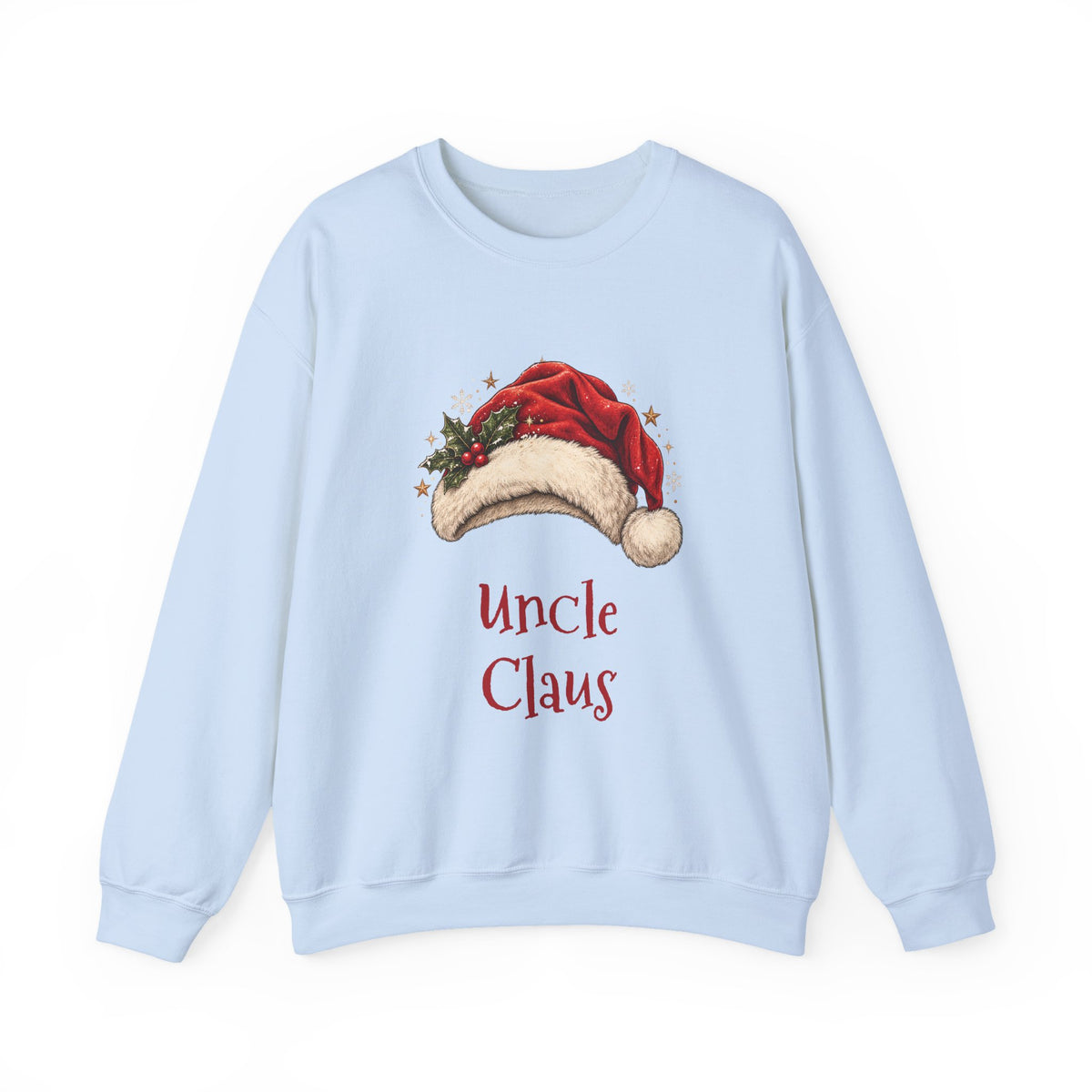 Light Blue Uncle Claus sweatshirt with a red Santa hat and holly, front view