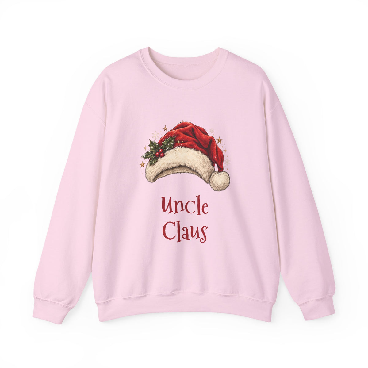 Light Pink Uncle Claus sweatshirt with a red Santa hat and holly, front view