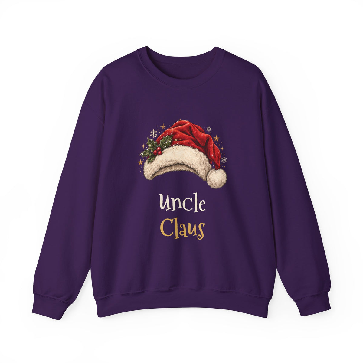 Purple Uncle Claus sweatshirt with a red Santa hat and holly, front view