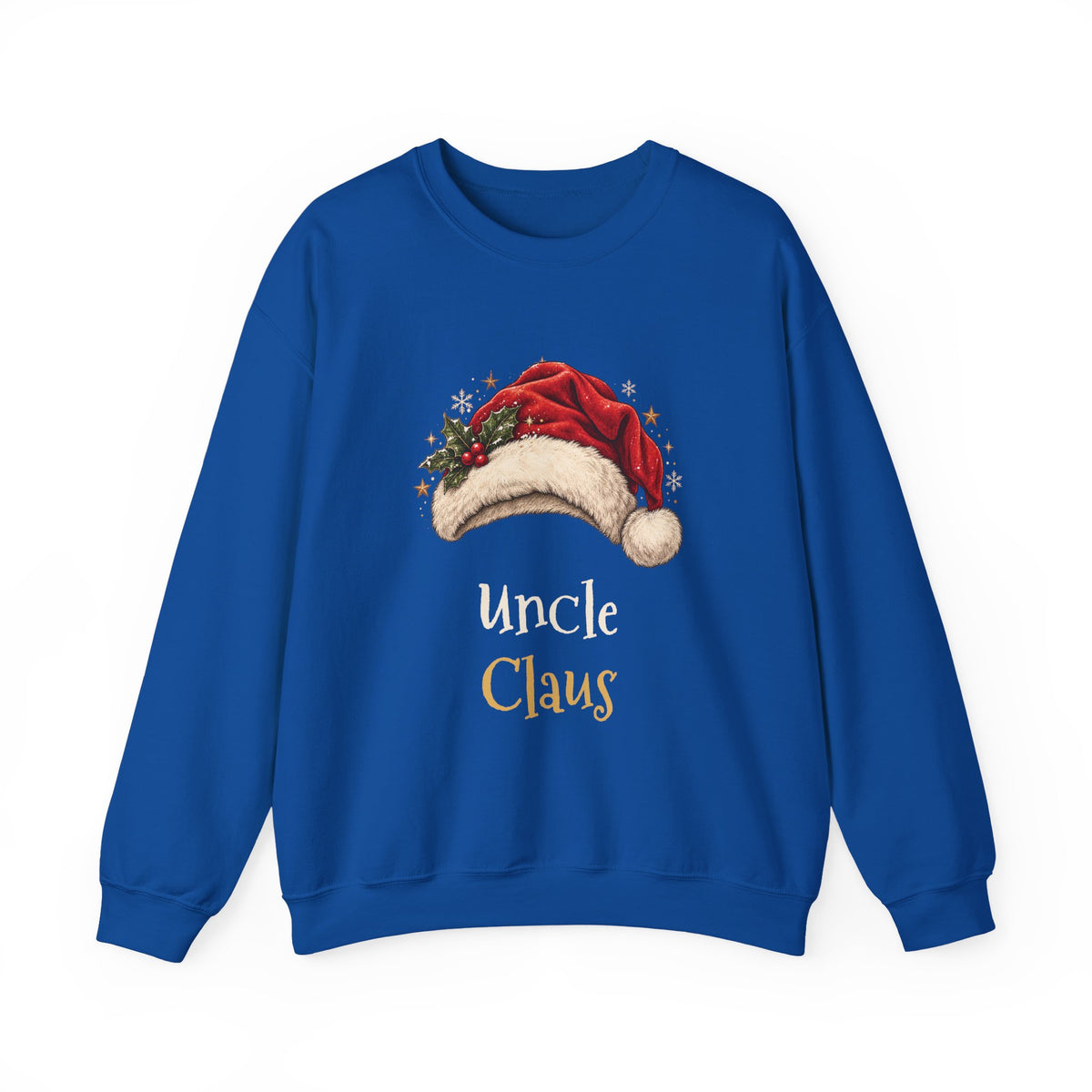 Royal Uncle Claus sweatshirt with a red Santa hat and holly, front view