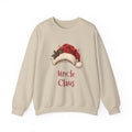 Sand Uncle Claus sweatshirt with a red Santa hat and holly, front view