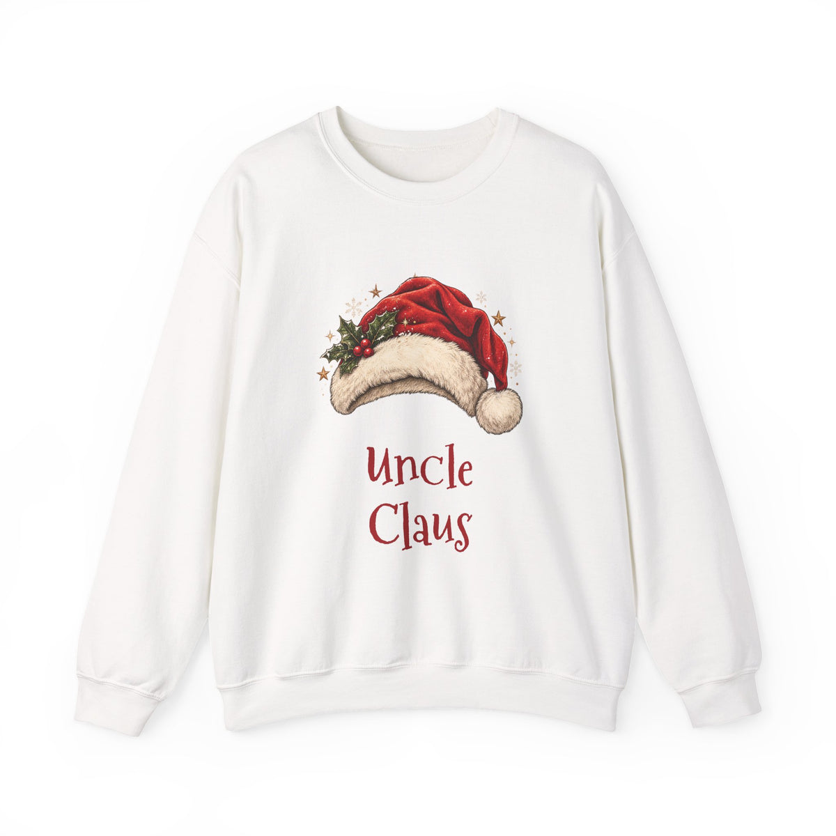 White Uncle Claus sweatshirt with a red Santa hat and holly, front view