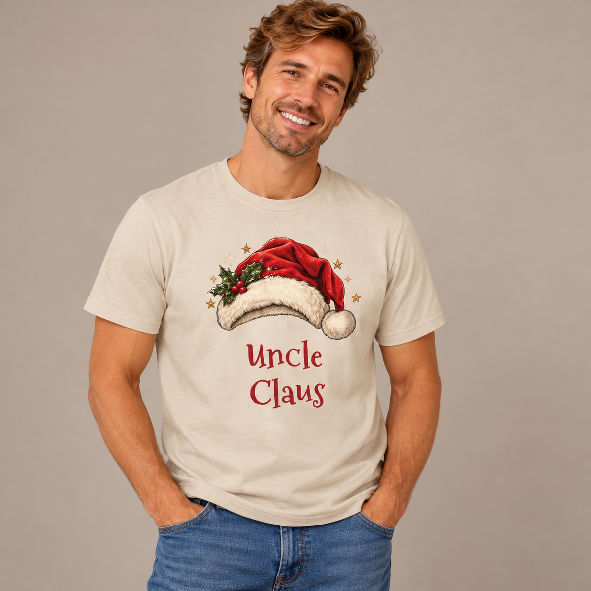 Man wearing the Sand Uncle Claus T-Shirt with jeans