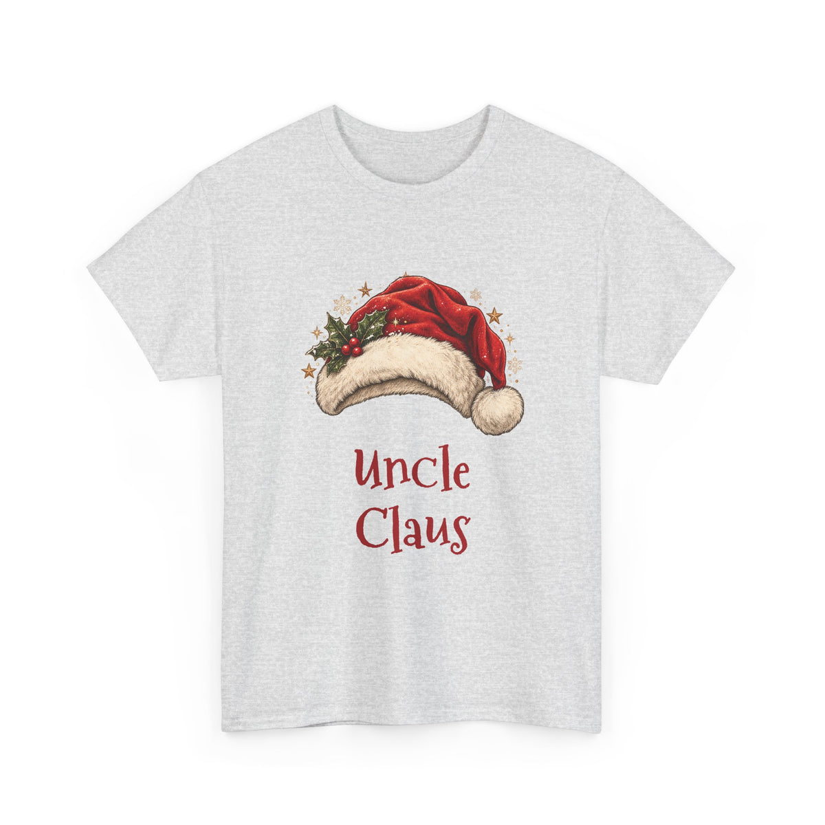 Ash Uncle Claus t-shirt with a red Santa hat and holly, front view