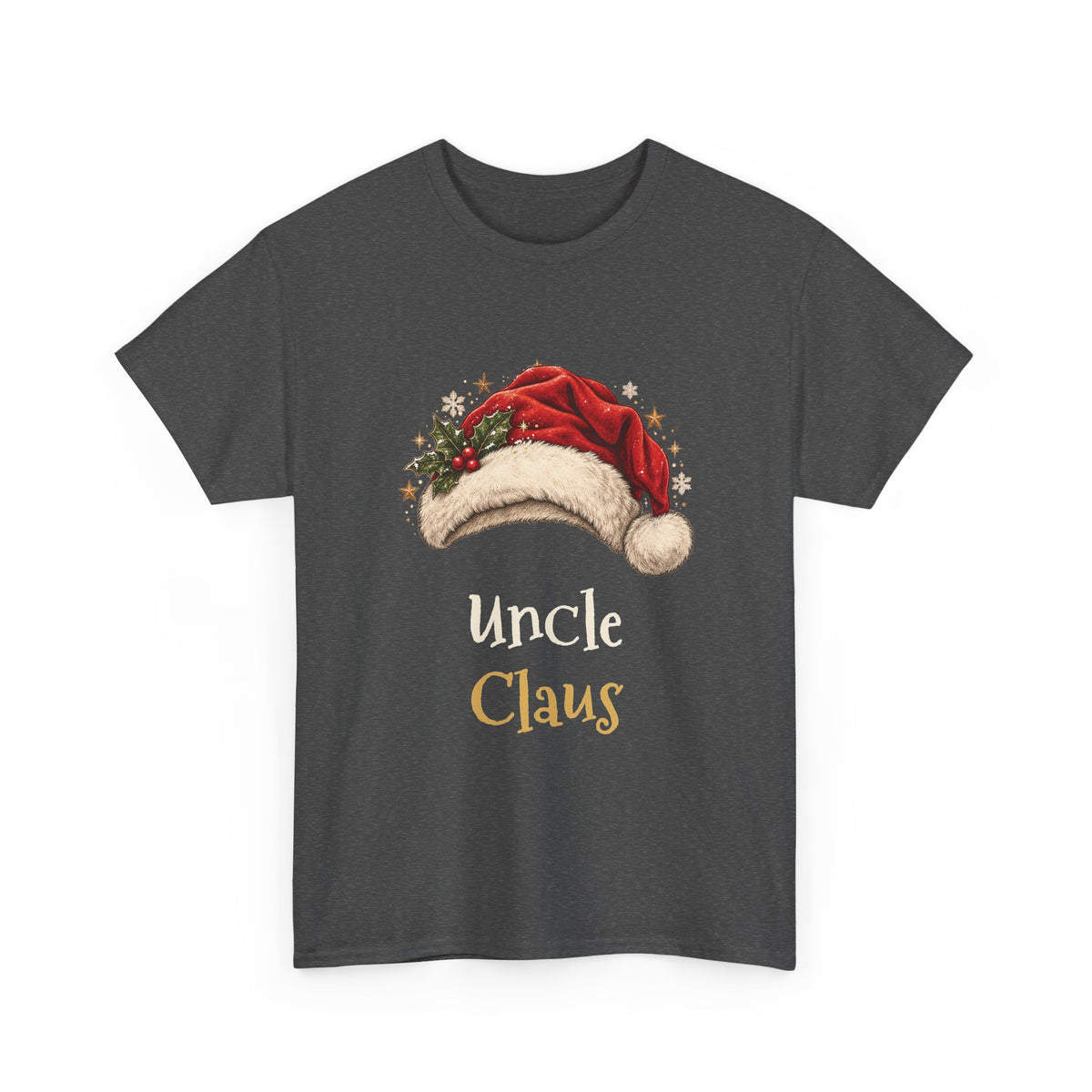 Dark Heather Uncle Claus t-shirt with a red Santa hat and holly, front view