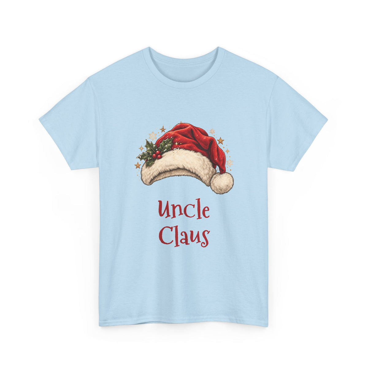 Light Blue Uncle Claus t-shirt with a red Santa hat and holly, front view