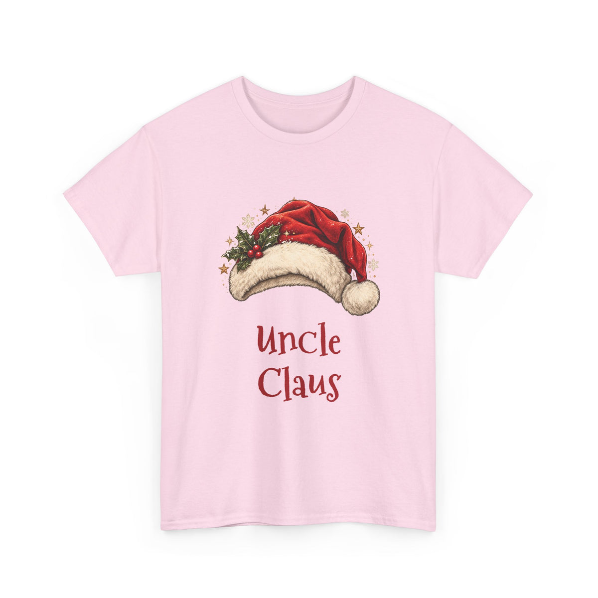 Light Pink Uncle Claus t-shirt with a red Santa hat and holly, front view