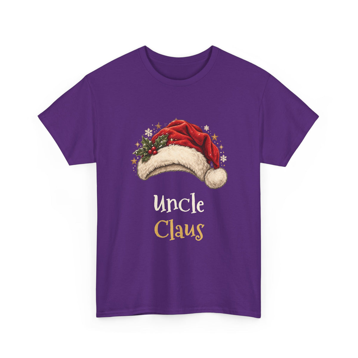 Purple Uncle Claus t-shirt with a red Santa hat and holly, front view