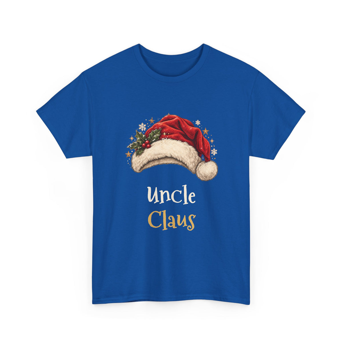 Royal Uncle Claus t-shirt with a red Santa hat and holly, front view