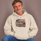 Man wearing the Sand Veteran Same Oath Same Brotherhood Different Battlefield Hoodie with jeans