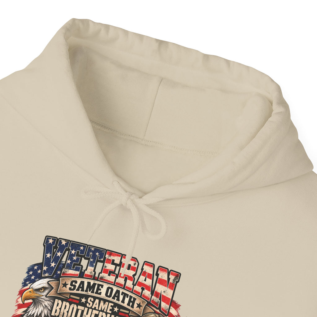 Veteran Same Oath Same Brotherhood Different Battlefield Hoodie, front collar close-up