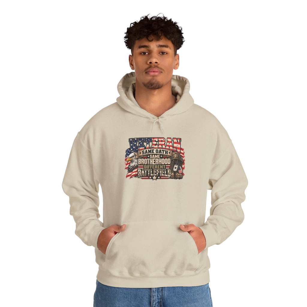 Model wearing the Veteran Same Oath Same Brotherhood Different Battlefield Hoodie