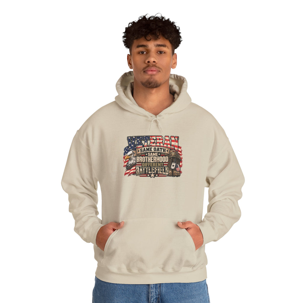 Model wearing the Veteran Same Oath Same Brotherhood Different Battlefield Hoodie