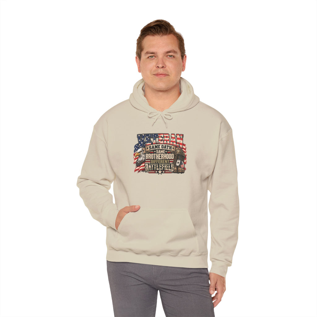 Model wearing the Veteran Same Oath Same Brotherhood Different Battlefield Hoodie