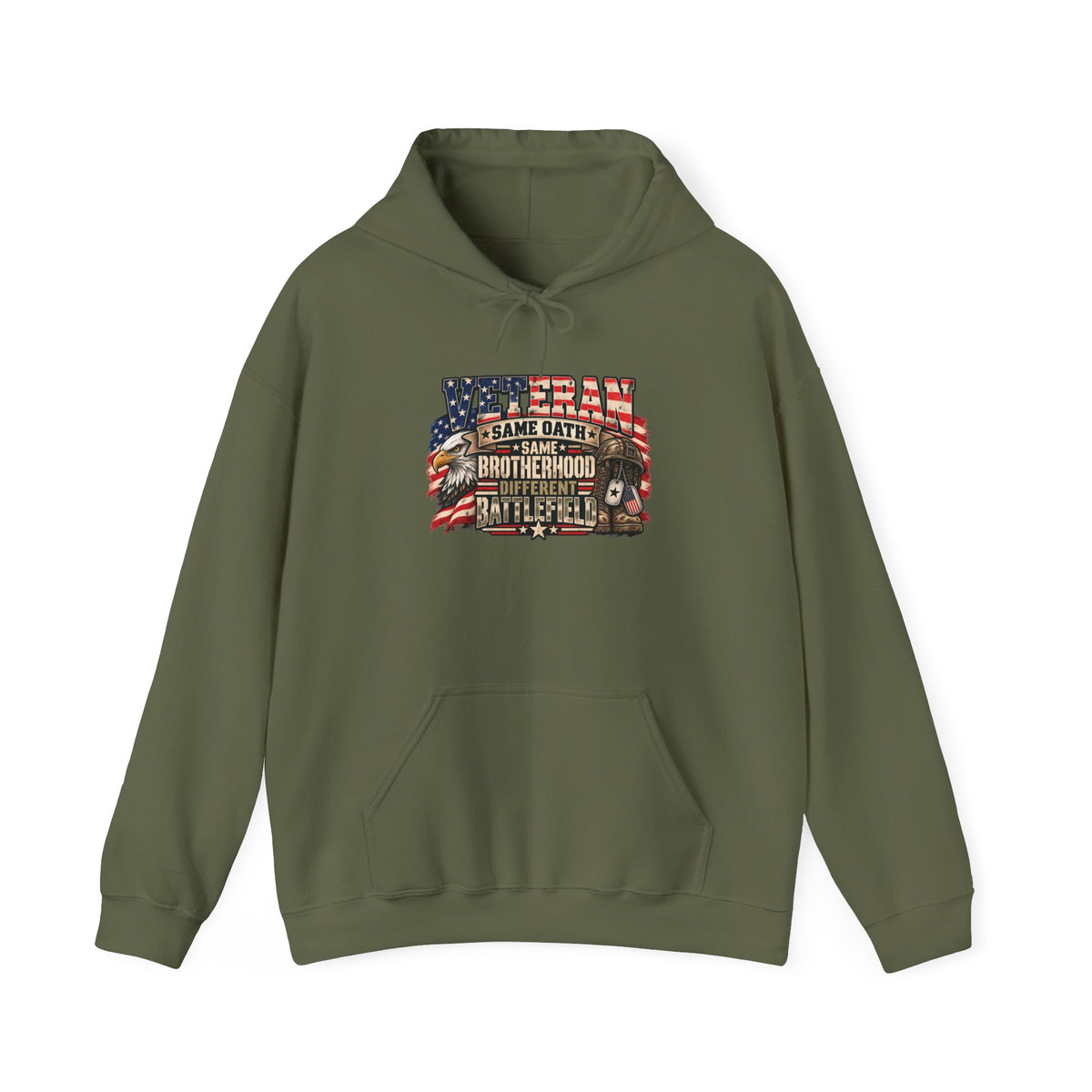 Military Green Veteran Same Oath Same Brotherhood Different Battlefield Hoodie, front view