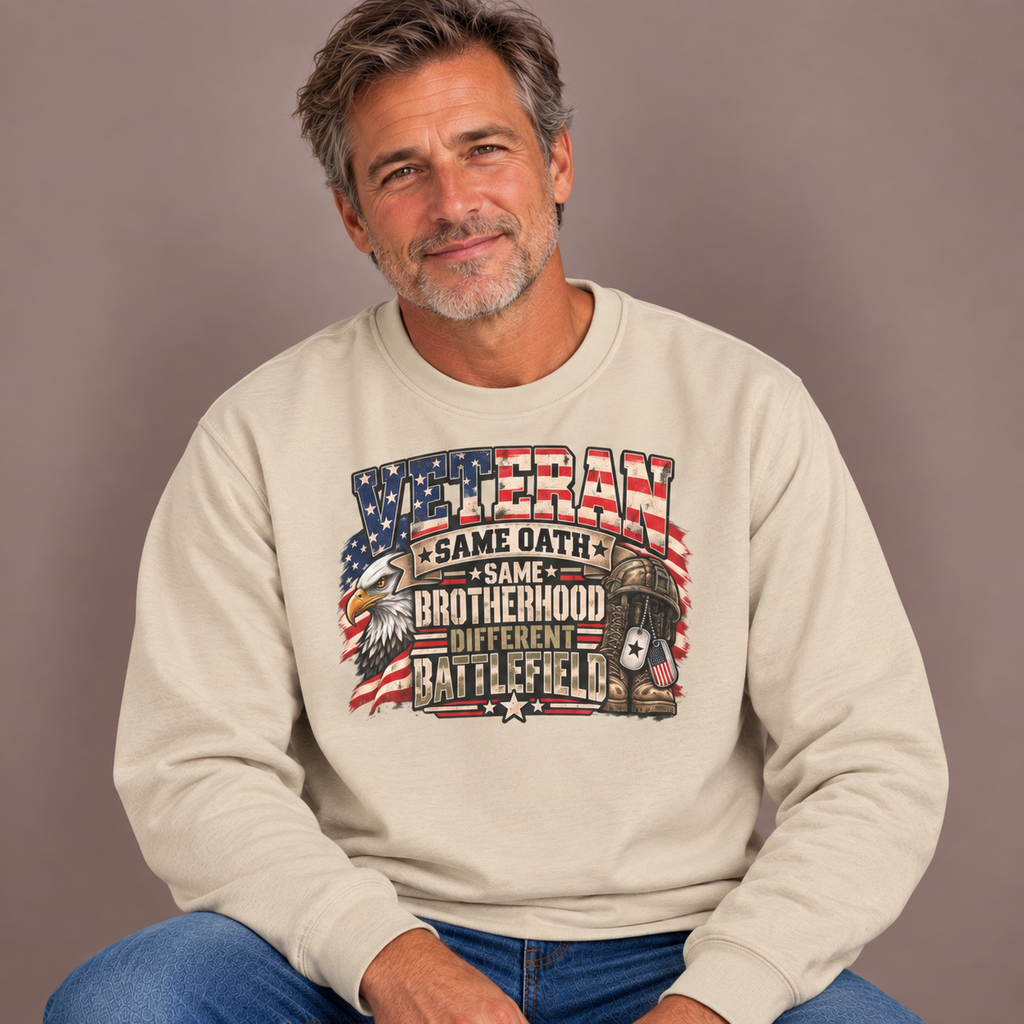 Man wearing the Sand Veteran Same Oath Same Brotherhood Different Battlefield Sweatshirt with jeans