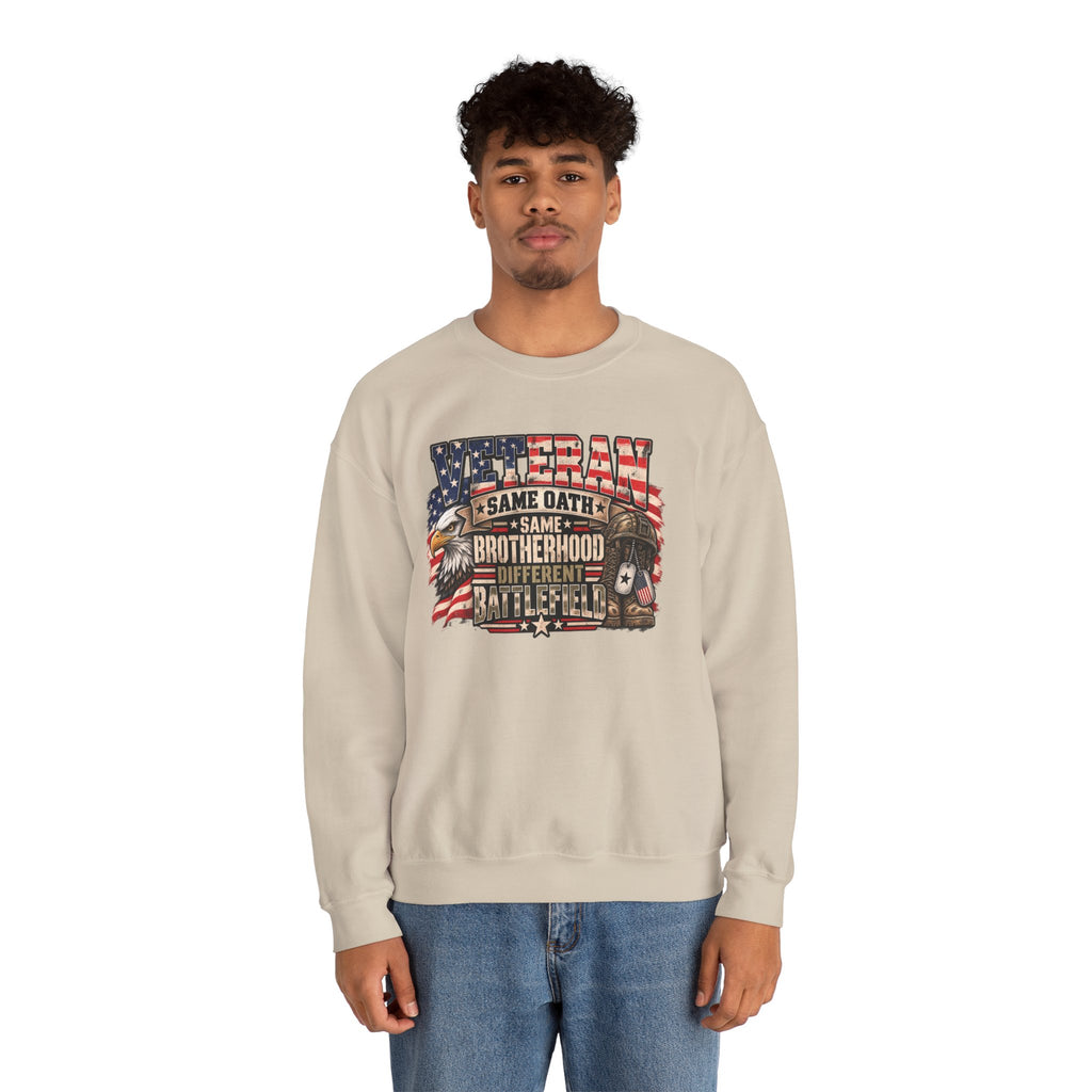 Model wearing the Veteran Same Oath Same Brotherhood Different Battlefield Sweatshirt