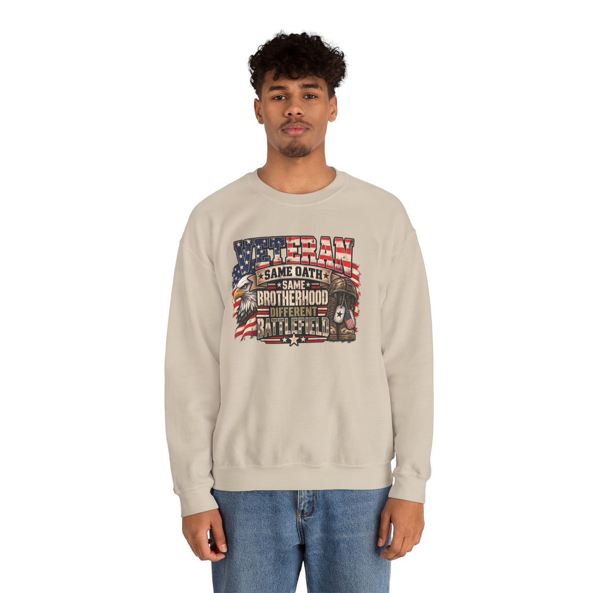 Model wearing the Veteran Same Oath Same Brotherhood Different Battlefield Sweatshirt