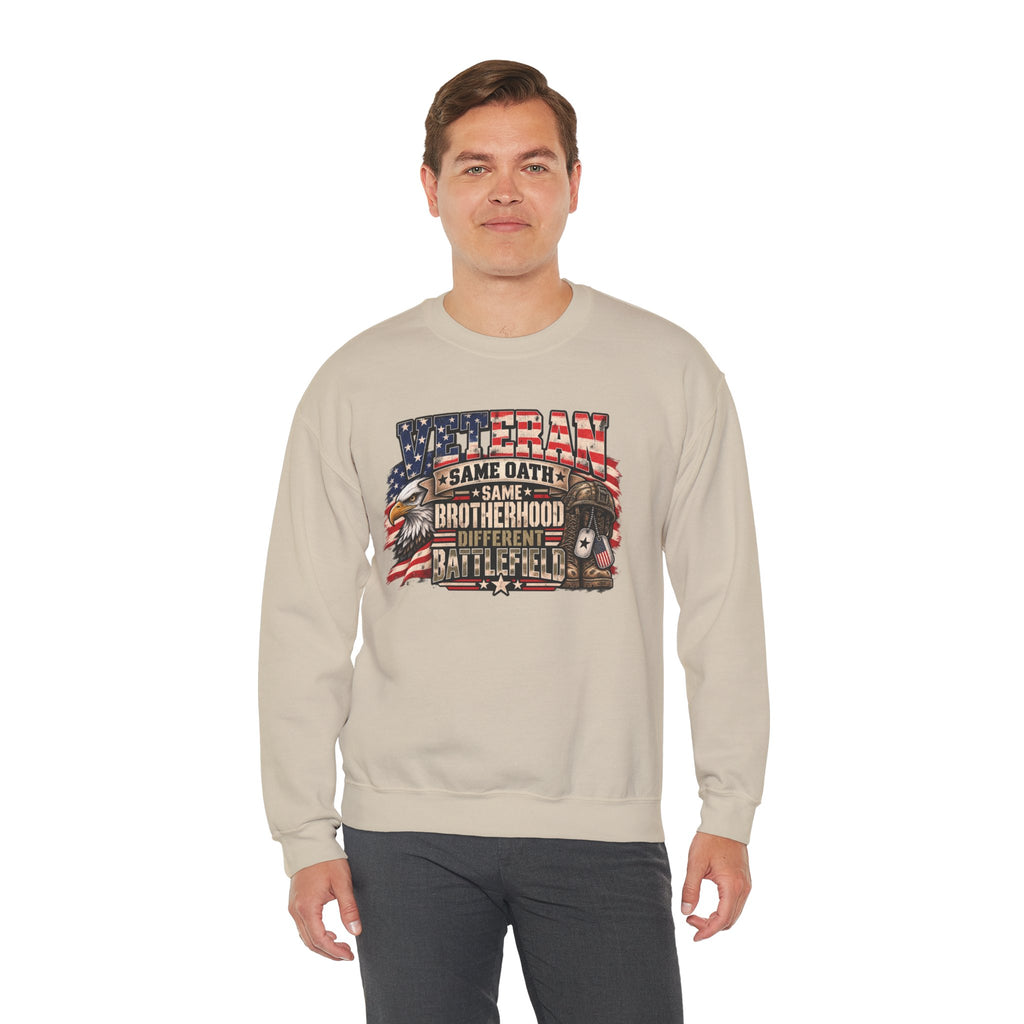 Model wearing the Veteran Same Oath Same Brotherhood Different Battlefield Sweatshirt