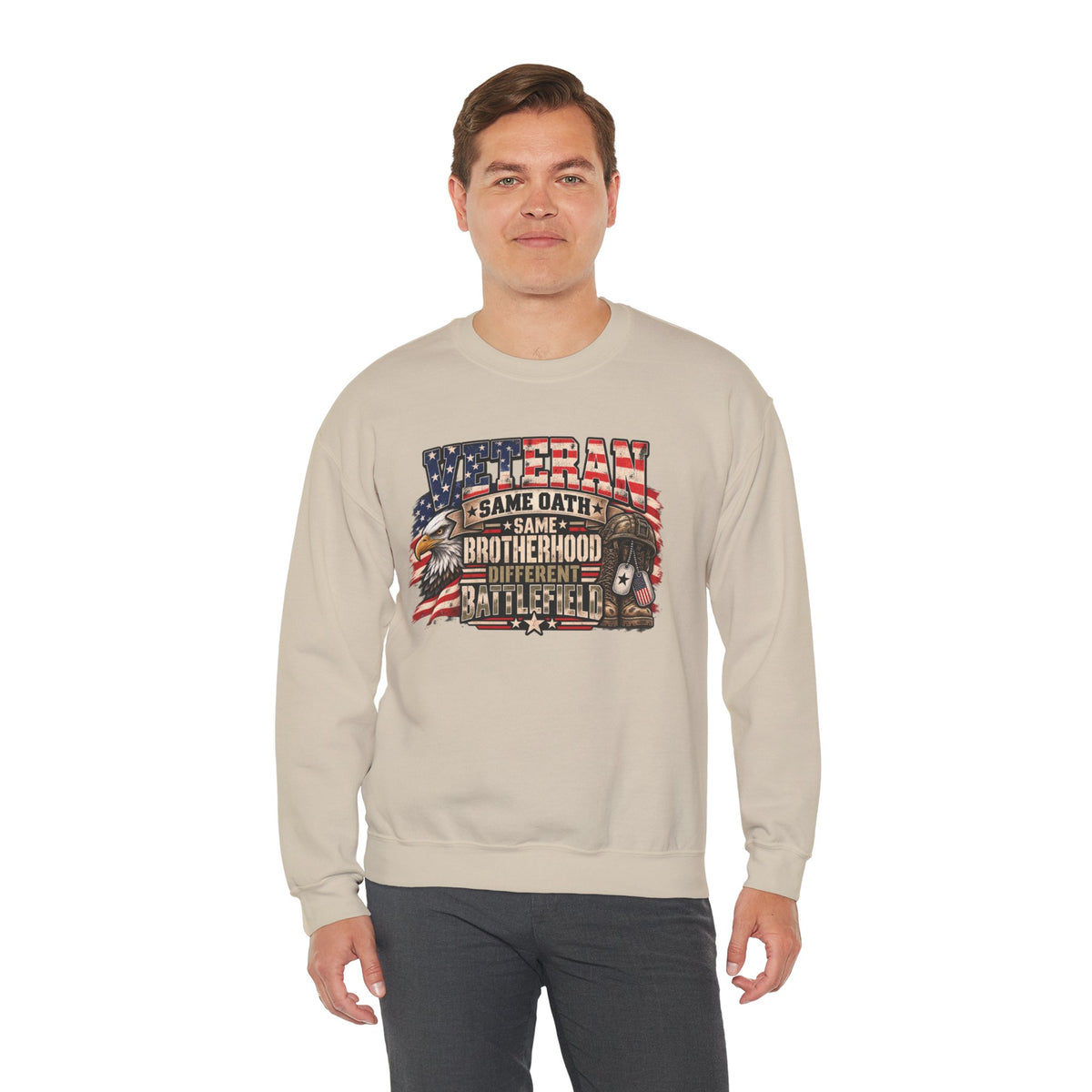 Model wearing the Veteran Same Oath Same Brotherhood Different Battlefield Sweatshirt