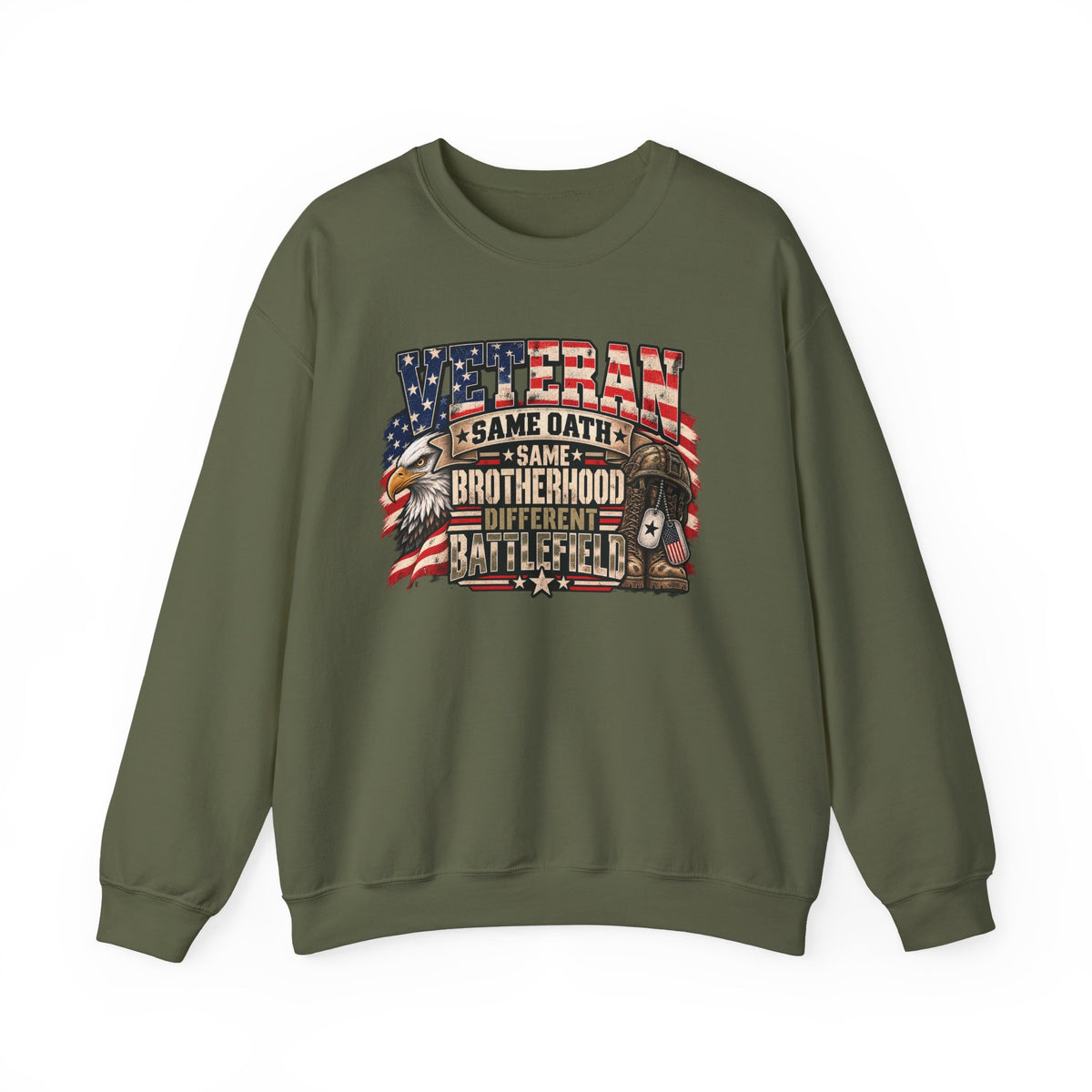 Military Green Veteran Same Oath Same Brotherhood Different Battlefield Sweatshirt, front view