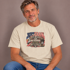 Man wearing the Sand Veteran Same Oath Same Brotherhood Different Battlefield T-Shirt with jeans