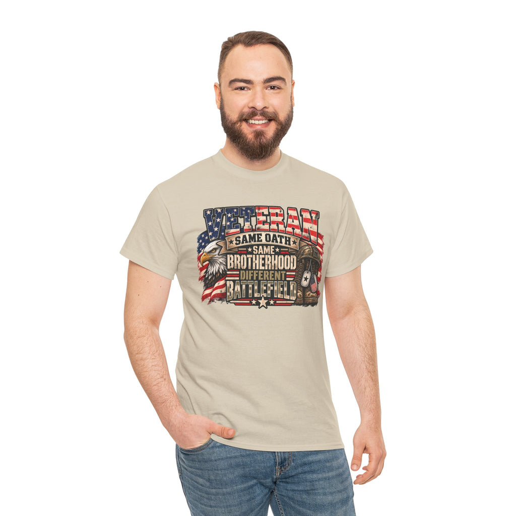 Model wearing the Veteran Same Oath Same Brotherhood Different Battlefield T-Shirt