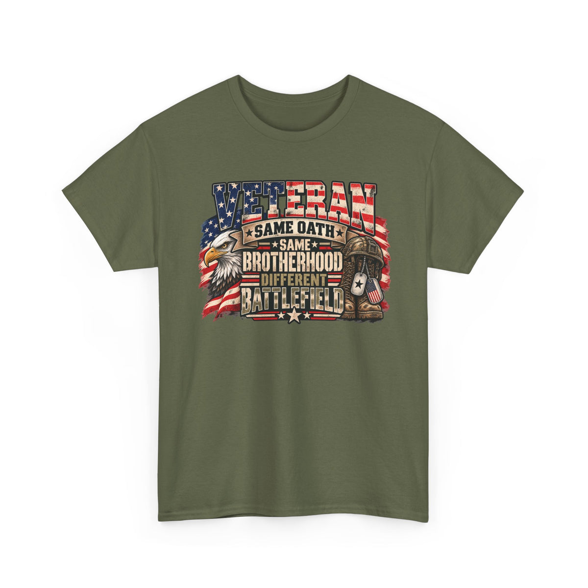Military Green Veteran Same Oath Same Brotherhood Different Battlefield T-Shirt, front view