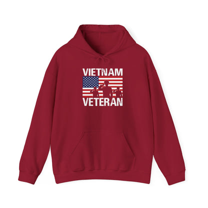 Cardinal red Vietnam Veteran hoodie with American flag and three saluting soldiers