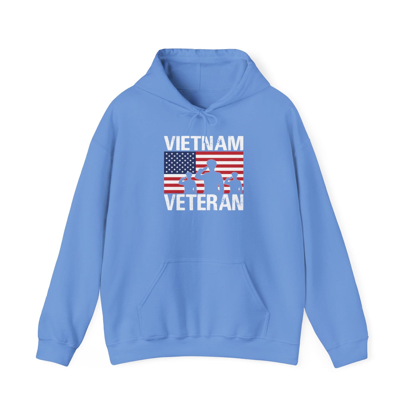 Carolina blue Vietnam Veteran hoodie with American flag and three saluting soldiers