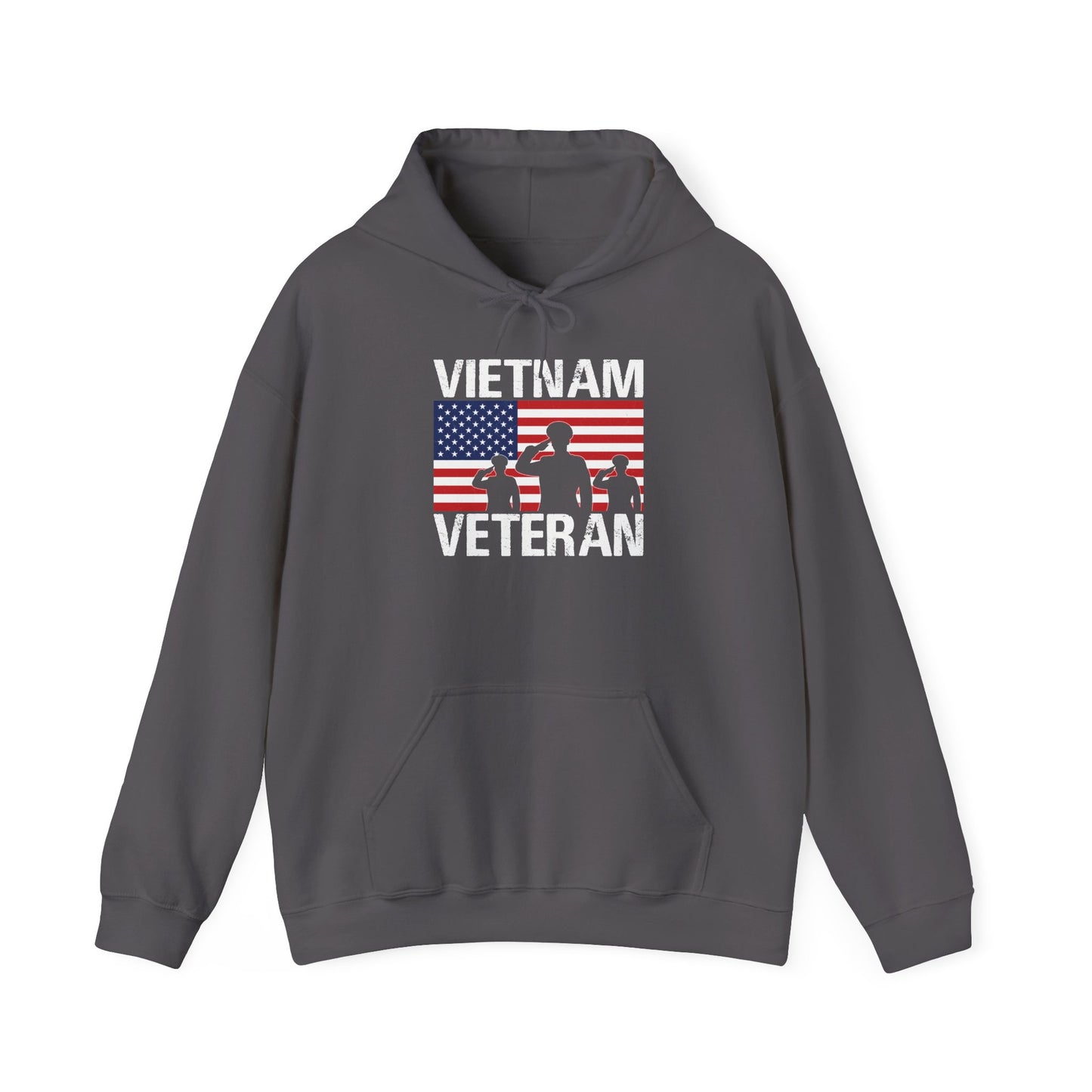 Charcoal Vietnam Veteran hoodie with American flag and three saluting soldiers