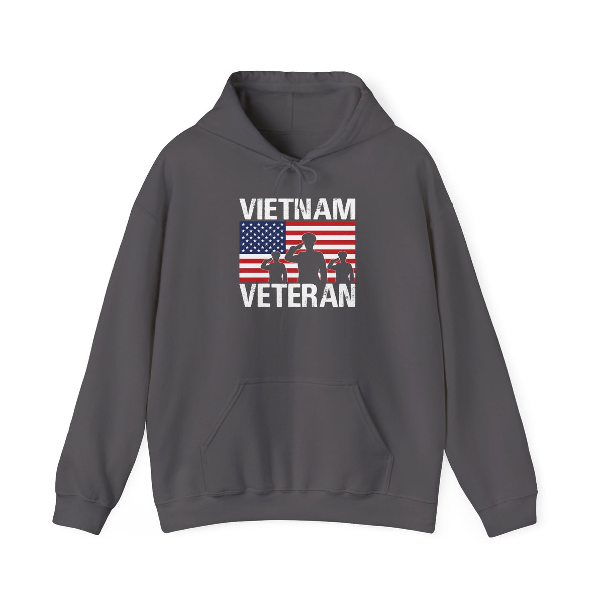 Charcoal Vietnam Veteran hoodie with American flag and three saluting soldiers