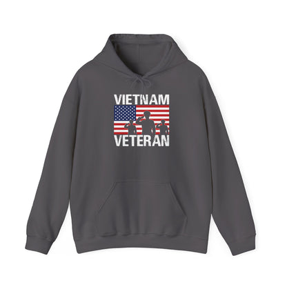 Charcoal Vietnam Veteran hoodie with American flag and three saluting soldiers
