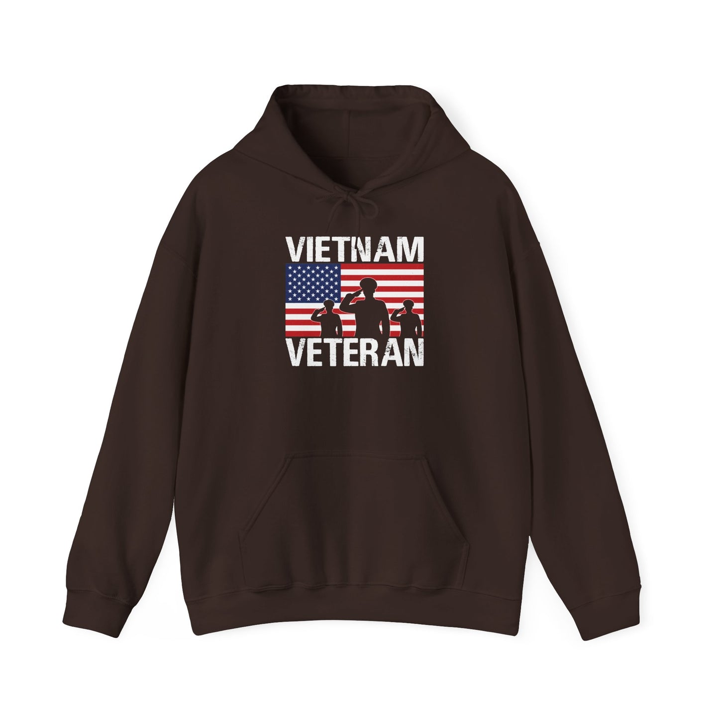 Dark chocolate Vietnam Veteran hoodie with American flag and three saluting soldiers