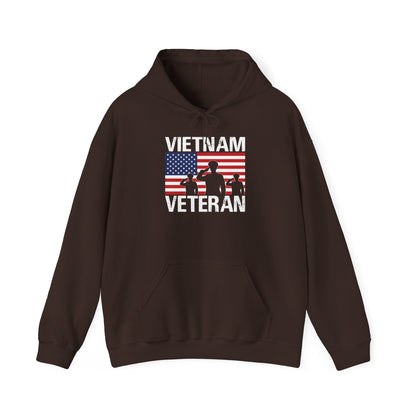 Dark chocolate Vietnam Veteran hoodie with American flag and three saluting soldiers