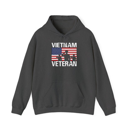 Dark heather Vietnam Veteran hoodie with American flag and three saluting soldiers