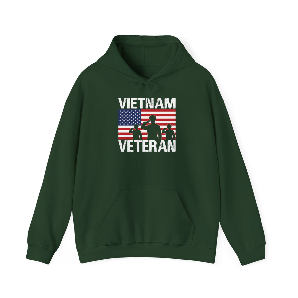 Forest green Vietnam Veteran hoodie with American flag and three saluting soldiers