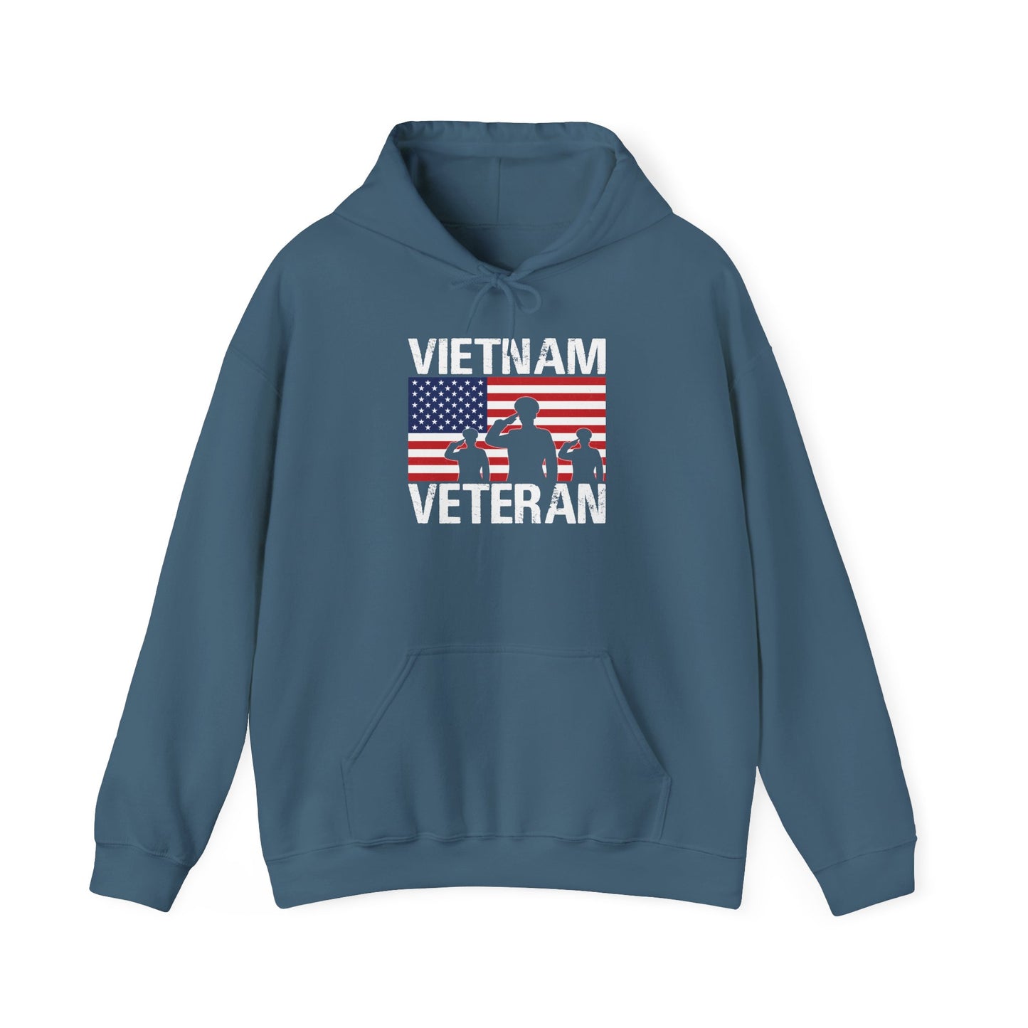 Indigo blue Vietnam Veteran hoodie with American flag and three saluting soldiers
