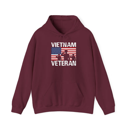 Maroon Vietnam Veteran hoodie with American flag and three saluting soldiers