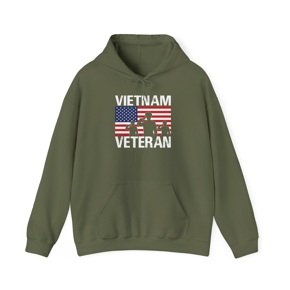 Military green Vietnam Veteran hoodie with American flag and three saluting soldiers
