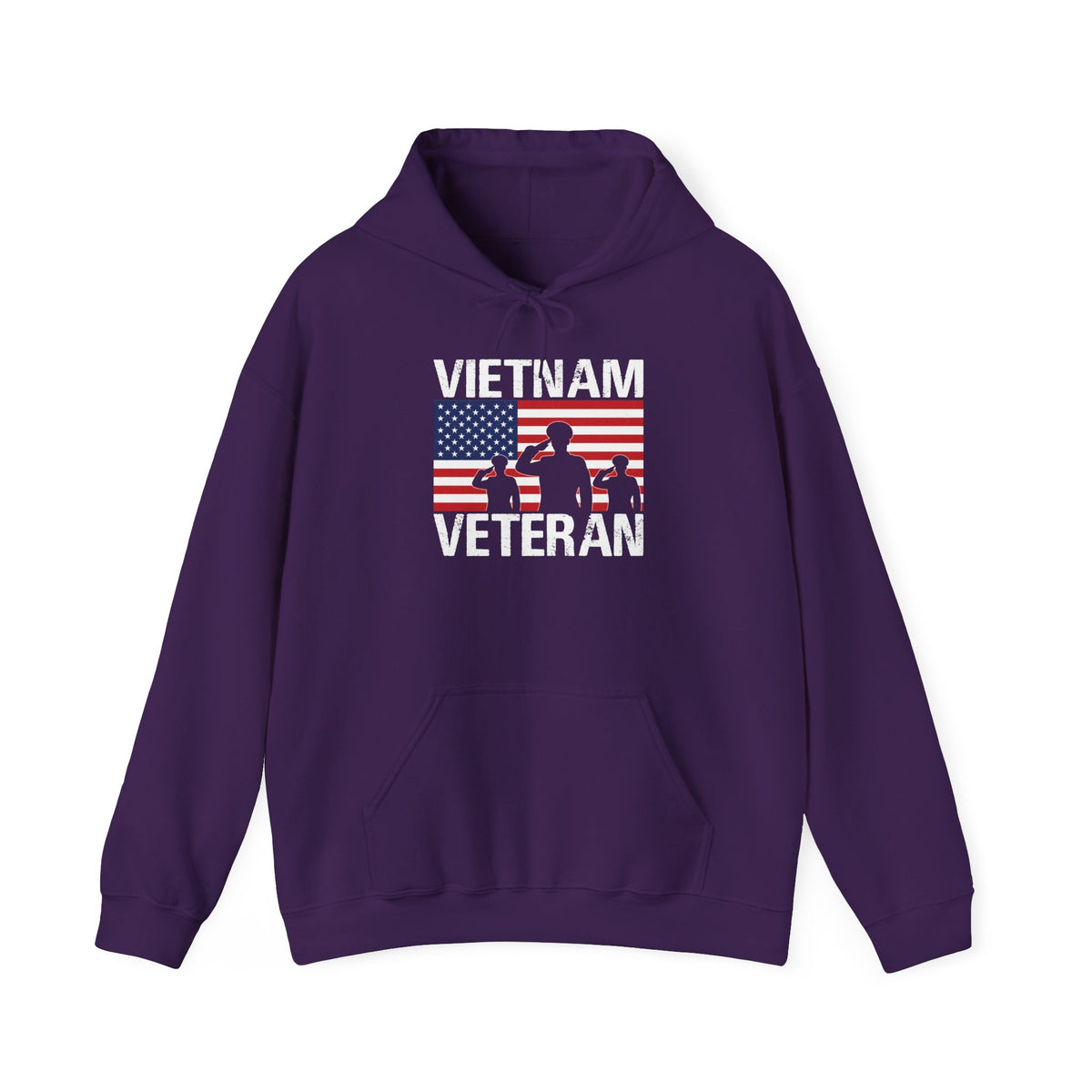 Purple Vietnam Veteran hoodie with American flag and three saluting soldiers