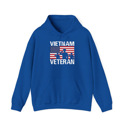Royal blue Vietnam Veteran hoodie with American flag and three saluting soldiers